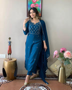 Teal Blue Embroidered Straight Kurta Set with Matching Dupatta