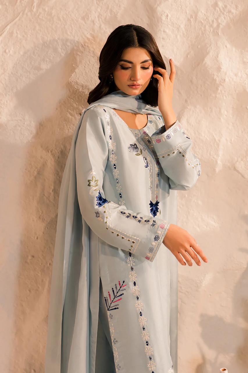 Pastel Blue Embroidered Kurta Pant Set with Dupatta for Women