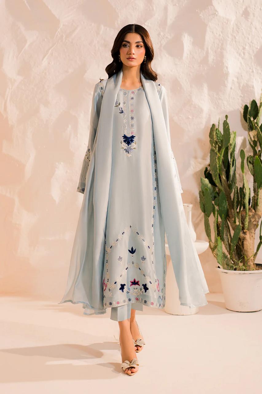 Pastel Blue Embroidered Kurta Pant Set with Dupatta for Women