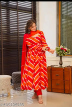 Red & Orange Leheriya Printed Flared Kurta Set with Dupatta