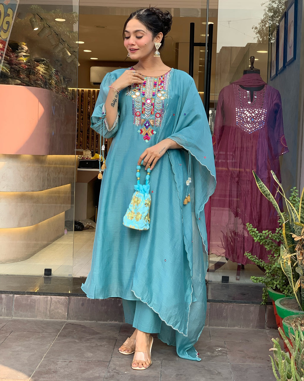 Teal Blue Embroidered Kurta Set with Matching Dupatta