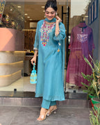 Teal Blue Embroidered Kurta Set with Matching Dupatta
