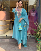Teal Blue Embroidered Kurta Set with Matching Dupatta