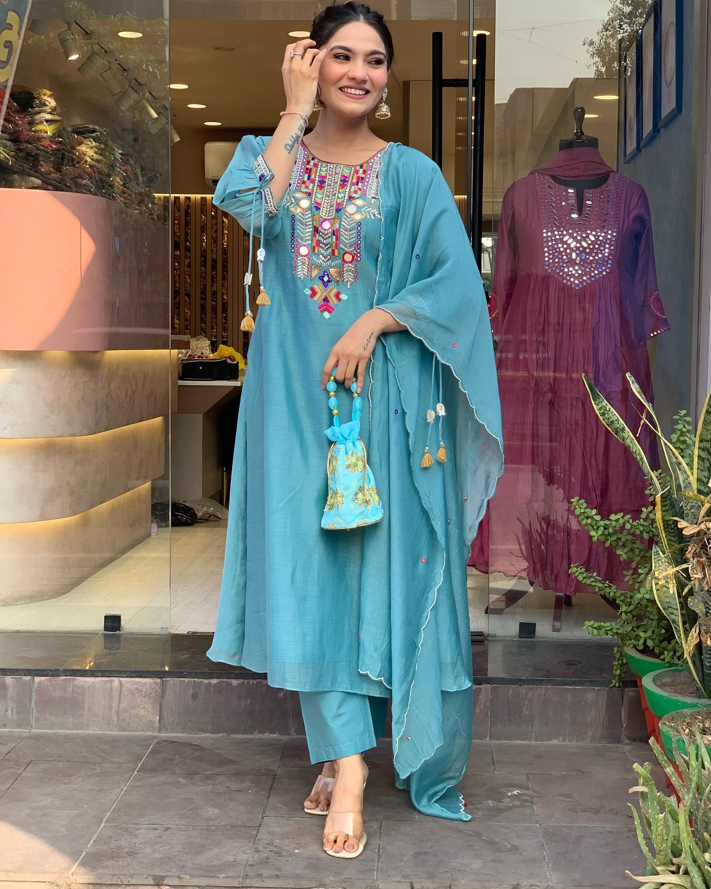 Teal Blue Embroidered Kurta Set with Matching Dupatta