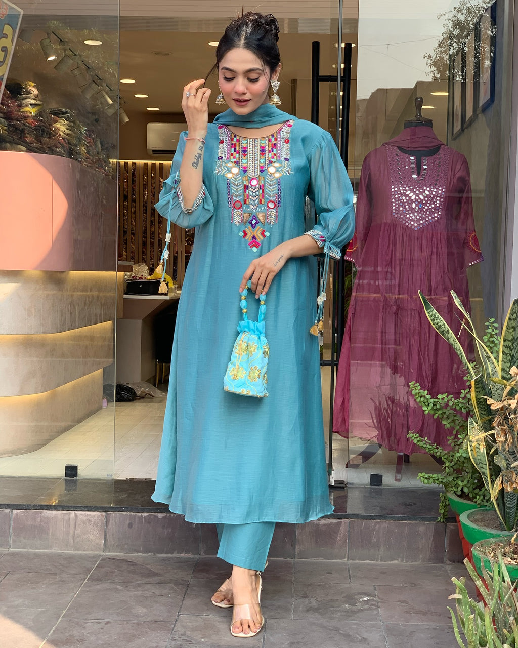 Teal Blue Embroidered Kurta Set with Matching Dupatta