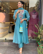 Teal Blue Embroidered Kurta Set with Matching Dupatta