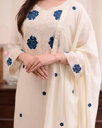 Ivory Embroidered Straight Kurta Set with Blue Floral Accents
