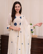 Ivory Embroidered Straight Kurta Set with Blue Floral Accents