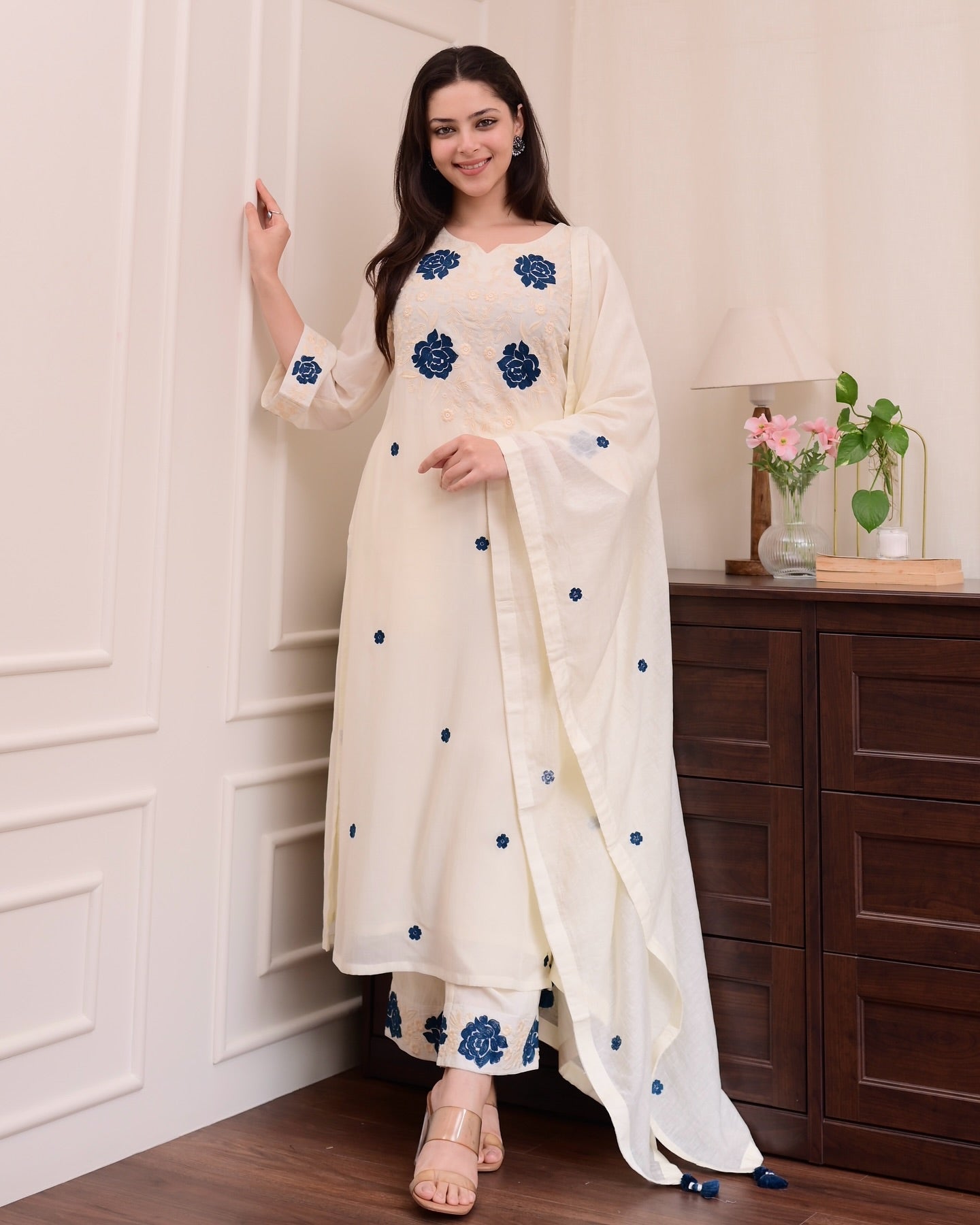 Ivory Embroidered Straight Kurta Set with Blue Floral Accents
