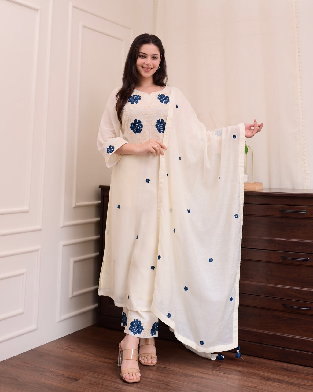 Ivory Embroidered Straight Kurta Set with Blue Floral Accents