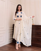 Ivory Embroidered Straight Kurta Set with Blue Floral Accents