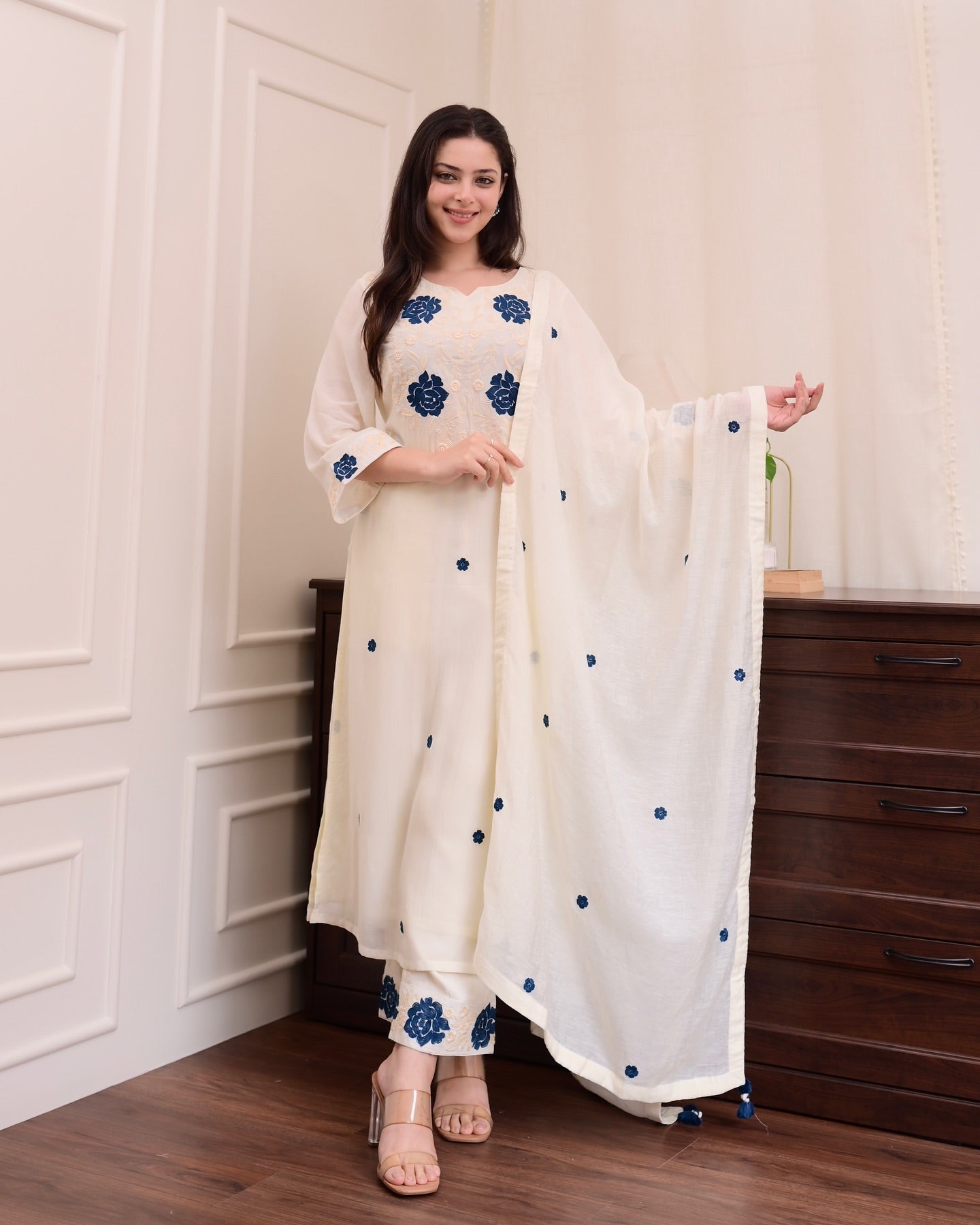 Ivory Embroidered Straight Kurta Set with Blue Floral Accents