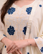 Ivory Embroidered Straight Kurta Set with Blue Floral Accents
