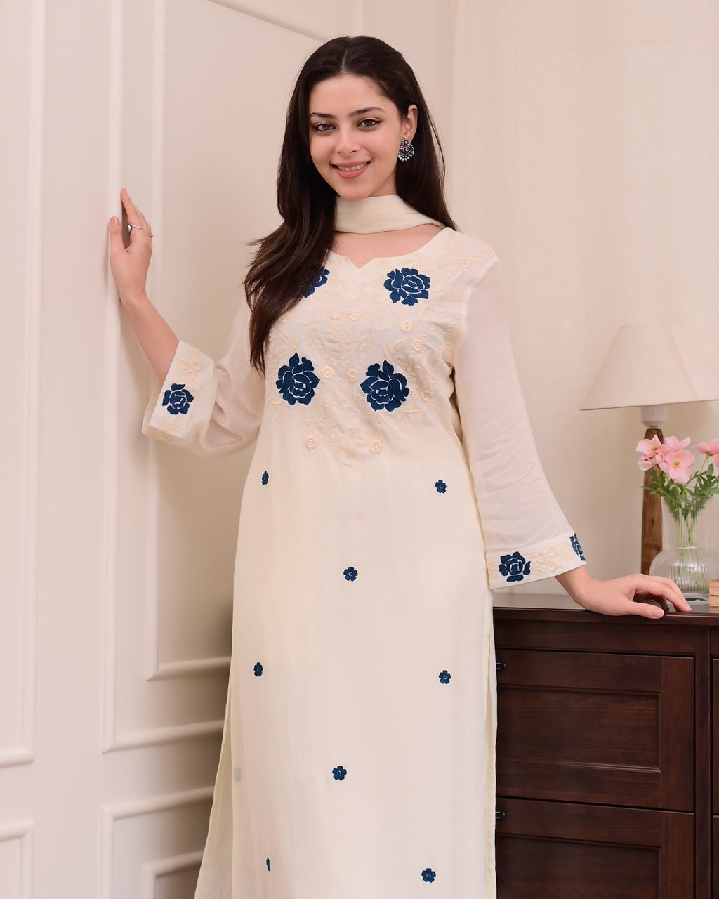 Ivory Embroidered Straight Kurta Set with Blue Floral Accents