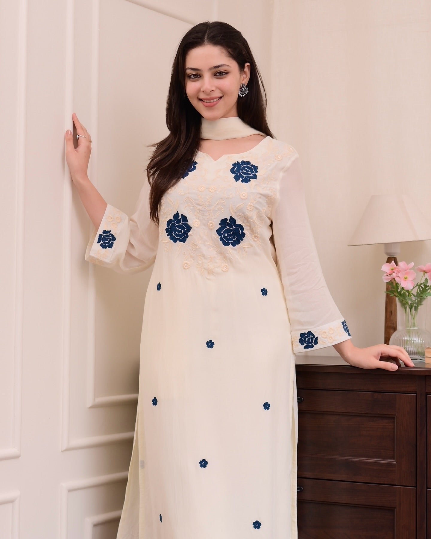 Ivory Embroidered Straight Kurta Set with Blue Floral Accents