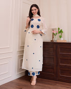 Ivory Embroidered Straight Kurta Set with Blue Floral Accents