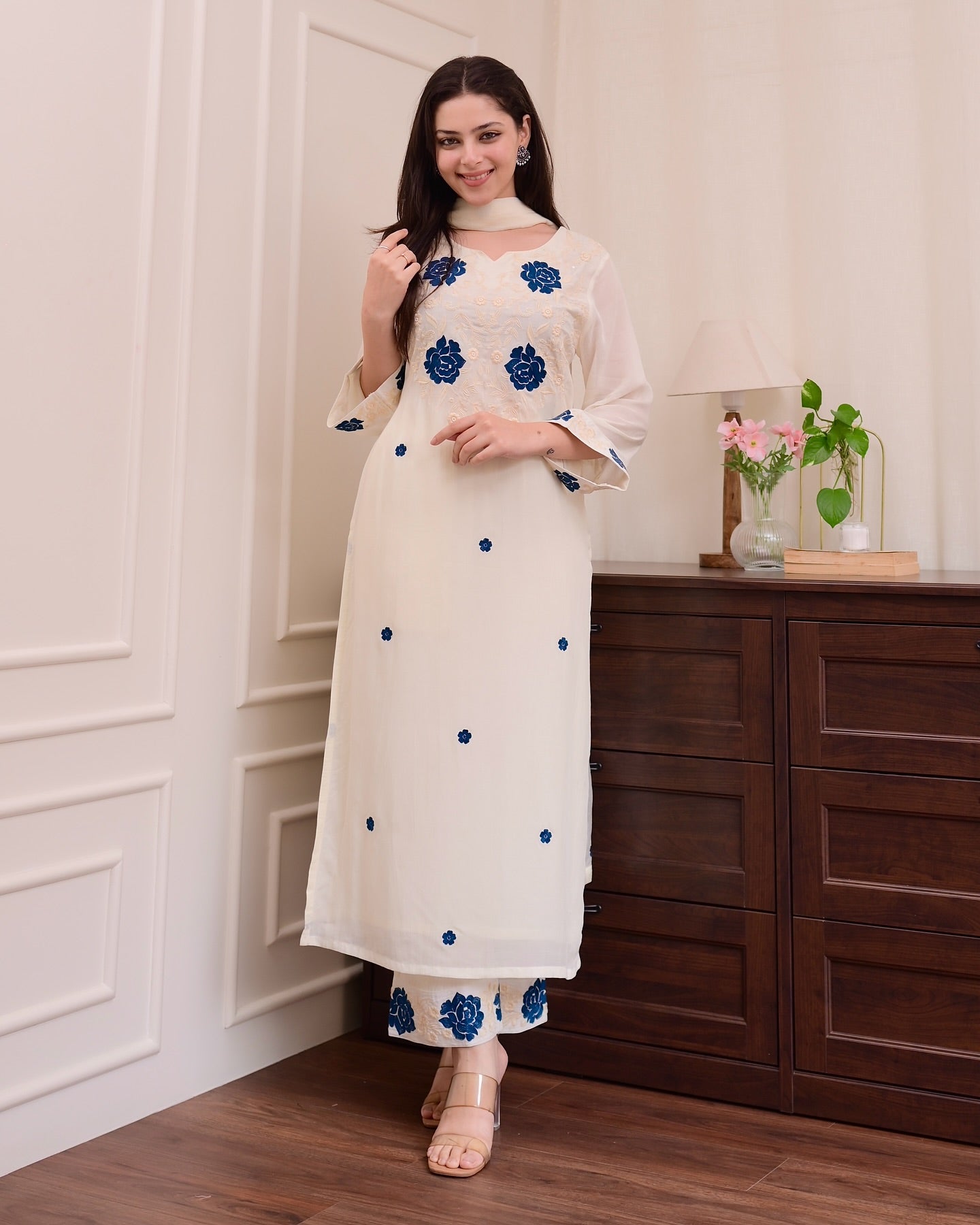 Ivory Embroidered Straight Kurta Set with Blue Floral Accents