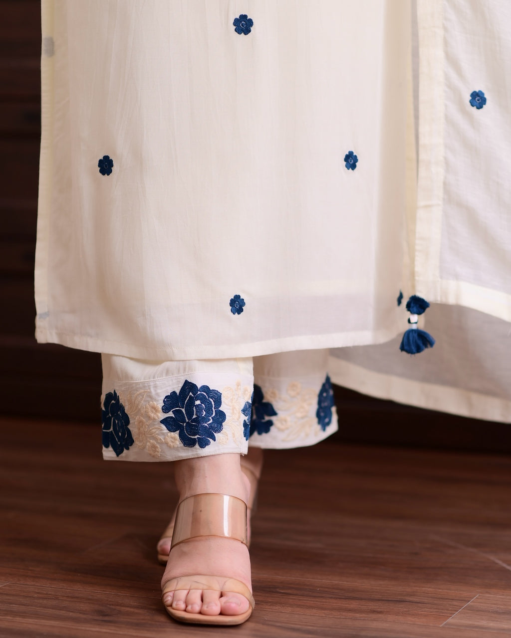 Ivory Embroidered Straight Kurta Set with Blue Floral Accents