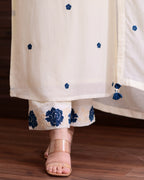 Ivory Embroidered Straight Kurta Set with Blue Floral Accents