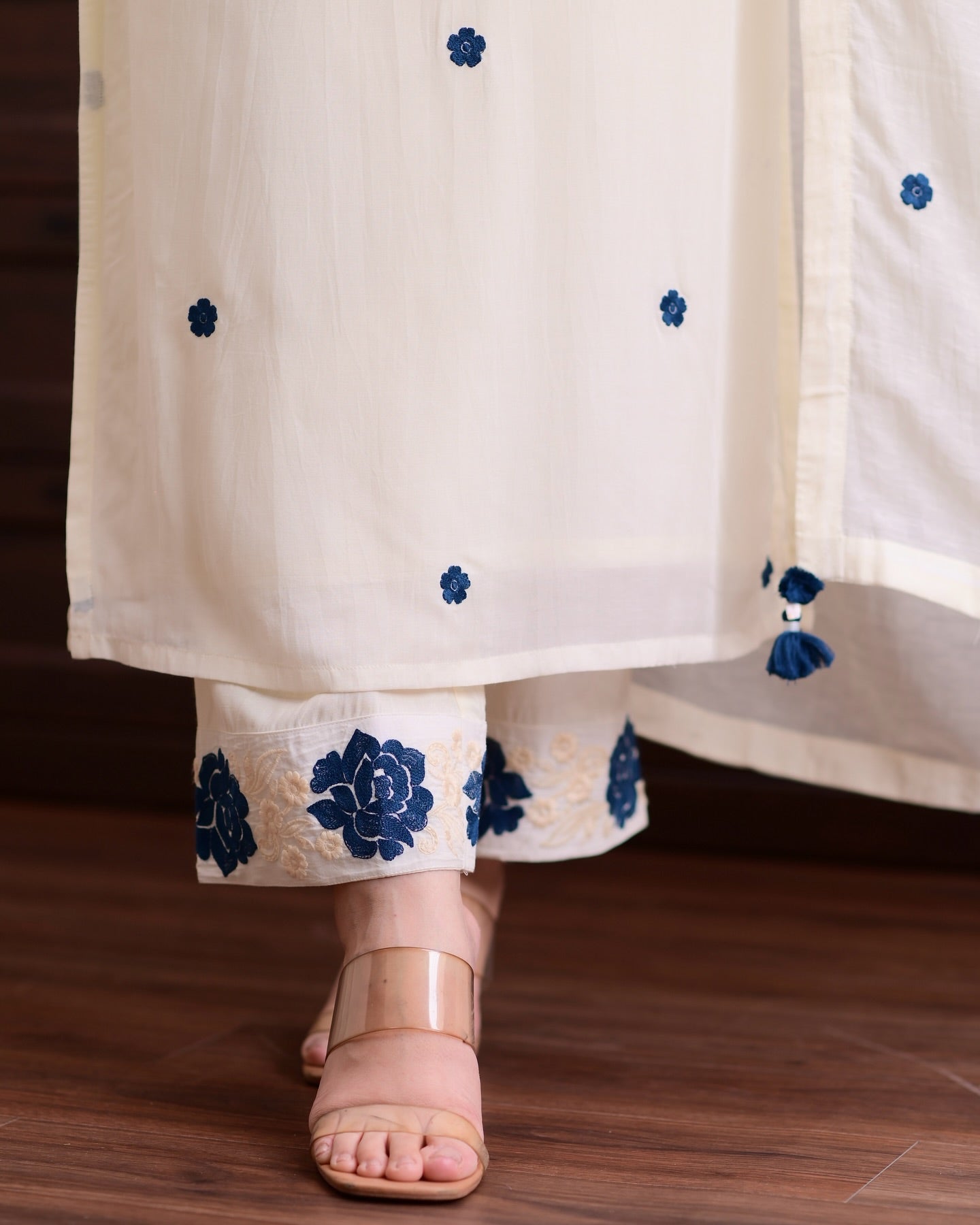 Ivory Embroidered Straight Kurta Set with Blue Floral Accents