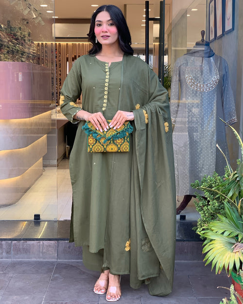 Olive Green Kurta Set for Women with Pant and Dupatta