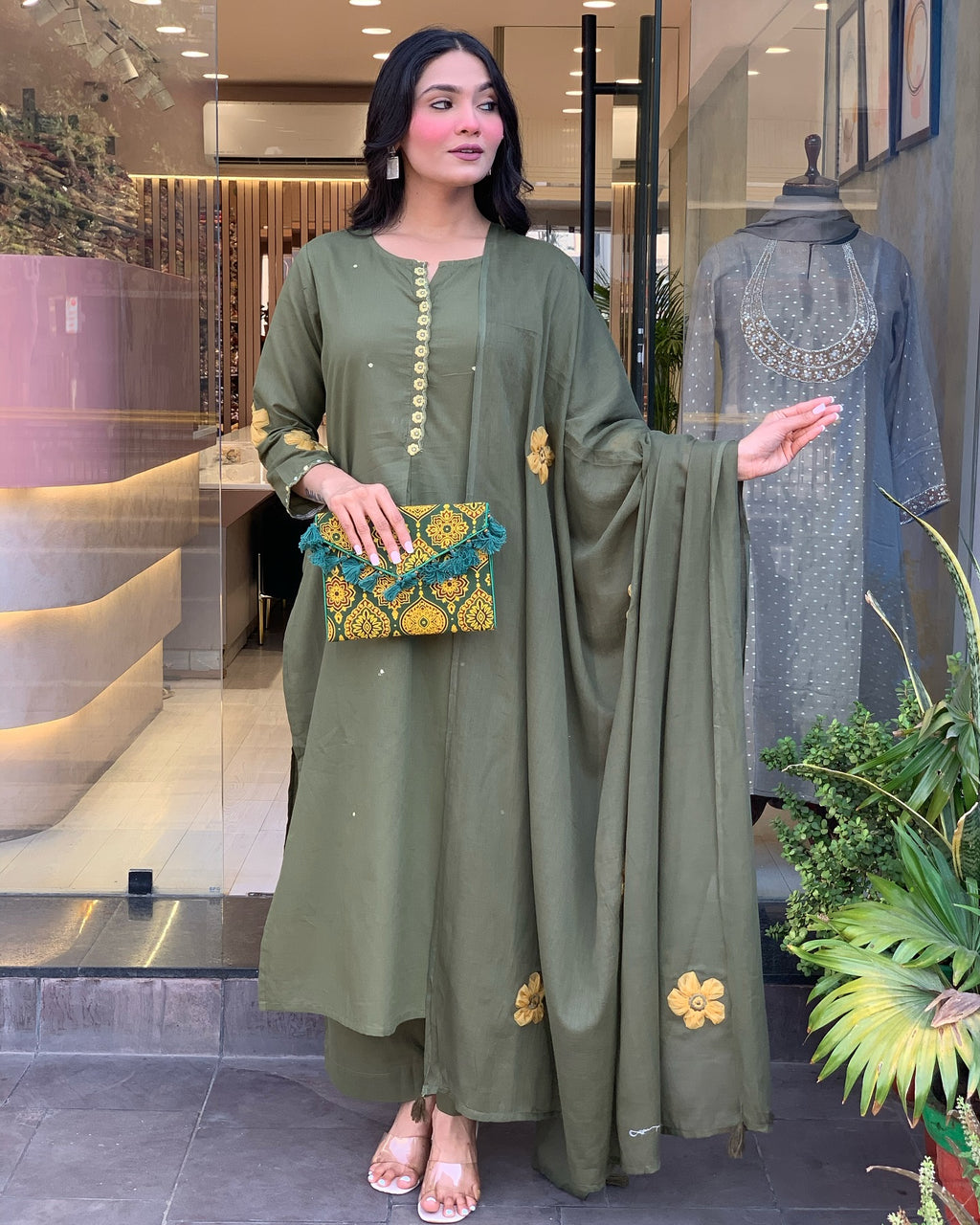 Olive Green Kurta Set for Women with Pant and Dupatta