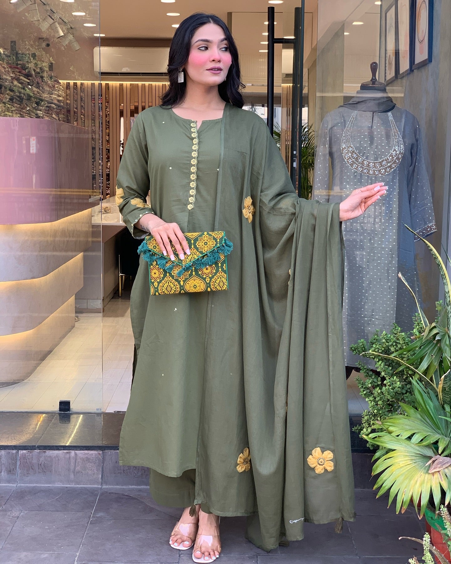 Olive Green Kurta Set for Women with Pant and Dupatta