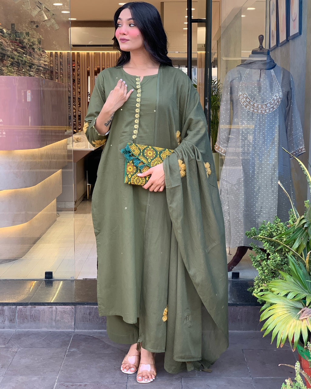 Olive Green Kurta Set for Women with Pant and Dupatta