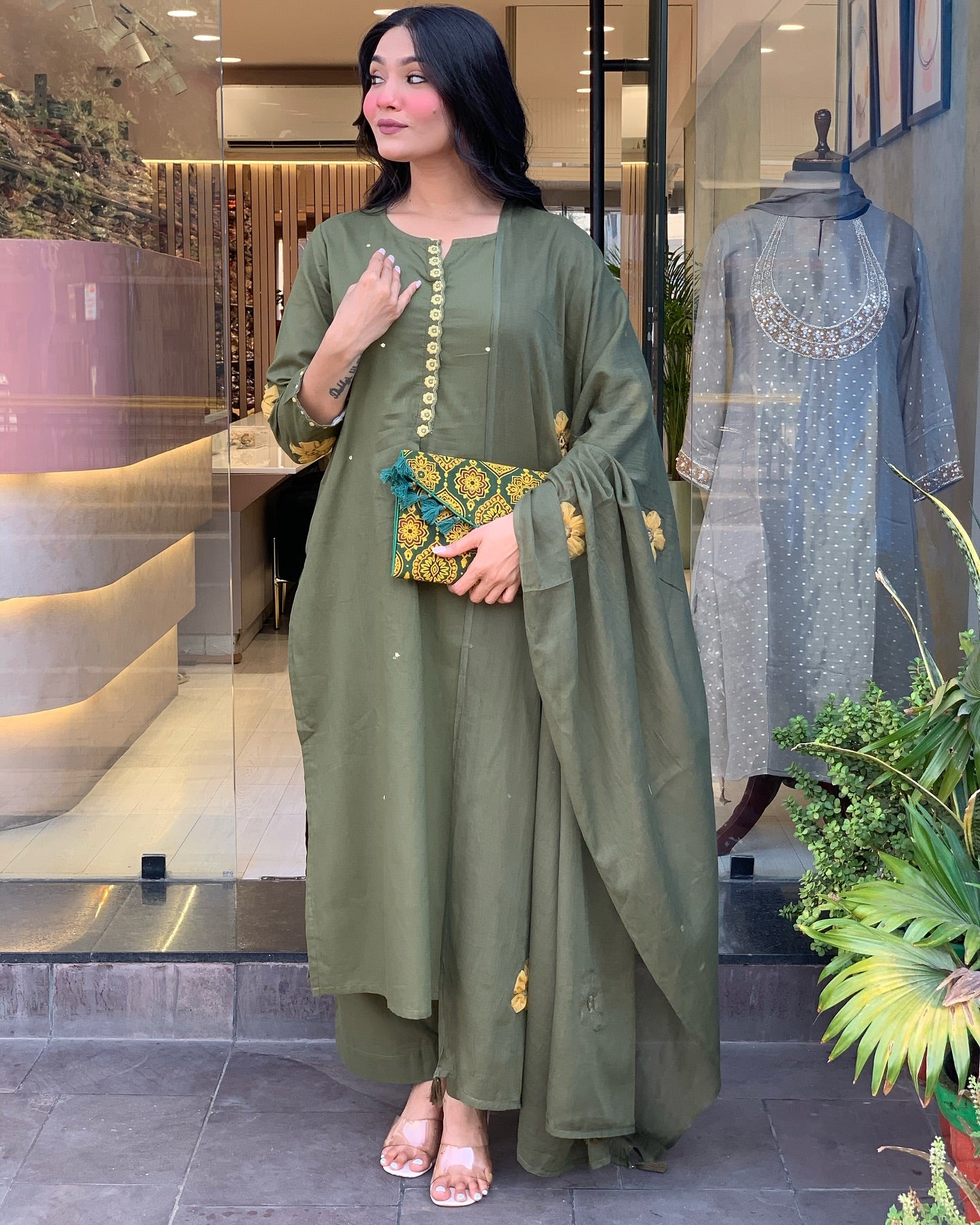 Olive Green Kurta Set for Women with Pant and Dupatta