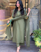 Olive Green Kurta Set for Women with Pant and Dupatta