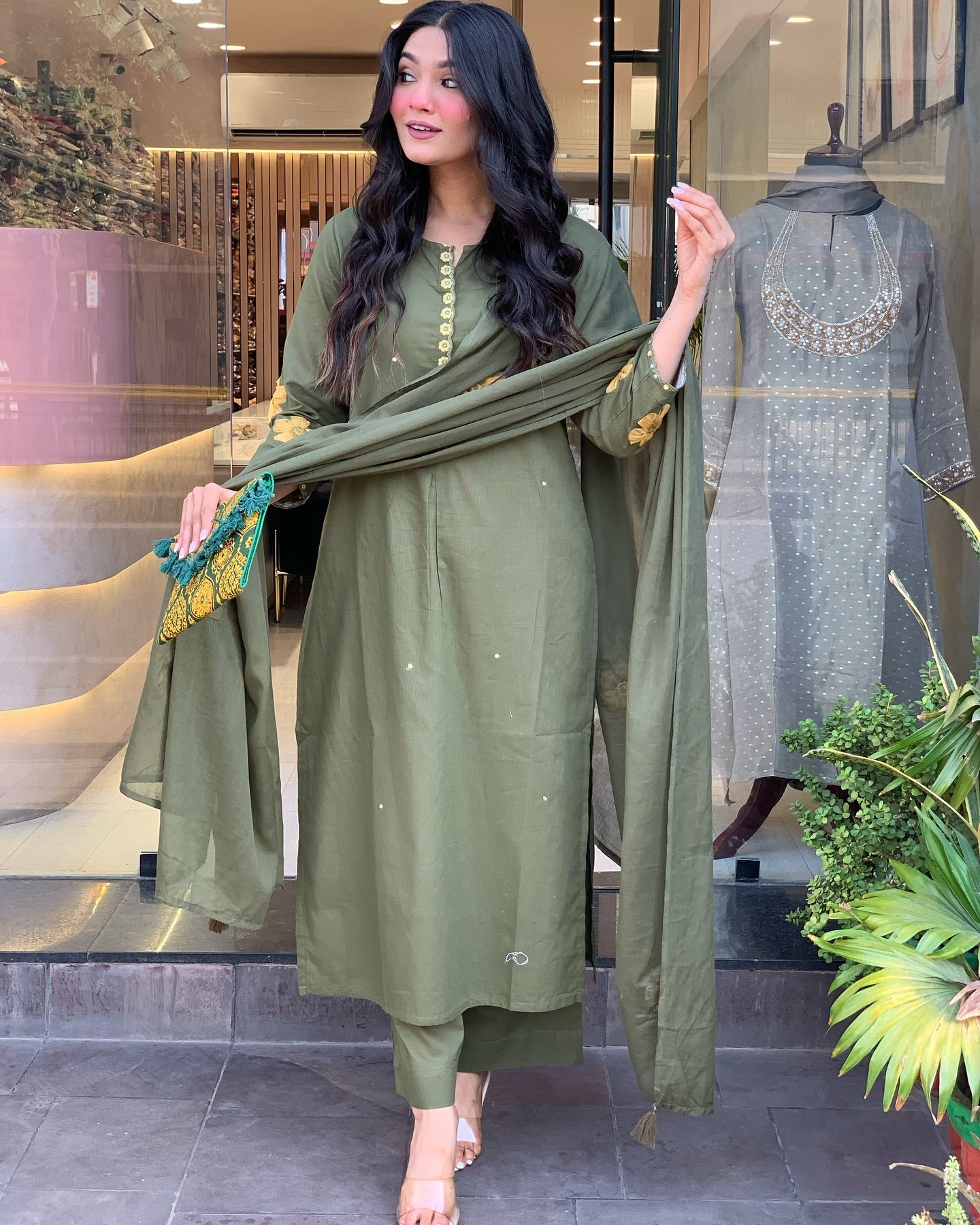 Olive Green Kurta Set for Women with Pant and Dupatta