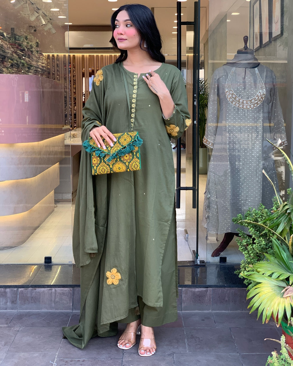 Olive Green Kurta Set for Women with Pant and Dupatta