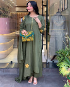 Olive Green Kurta Set for Women with Pant and Dupatta
