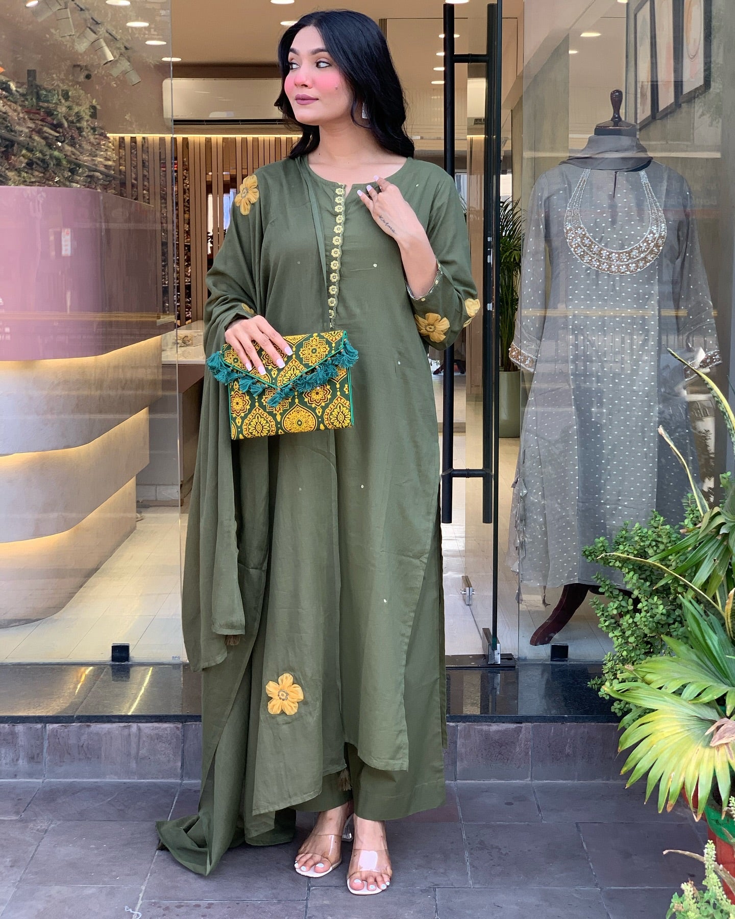 Olive Green Kurta Set for Women with Pant and Dupatta