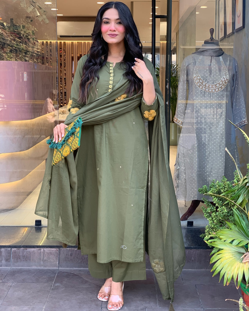 Olive Green Kurta Set for Women with Pant and Dupatta