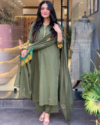 Olive Green Kurta Set for Women with Pant and Dupatta
