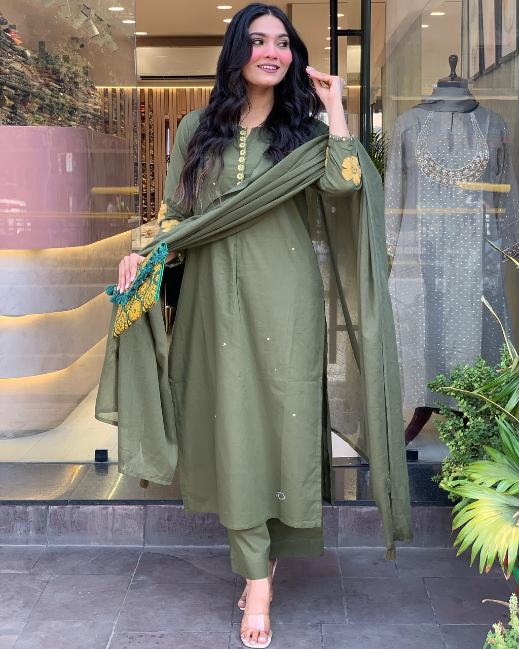 Olive Green Kurta Set for Women with Pant and Dupatta