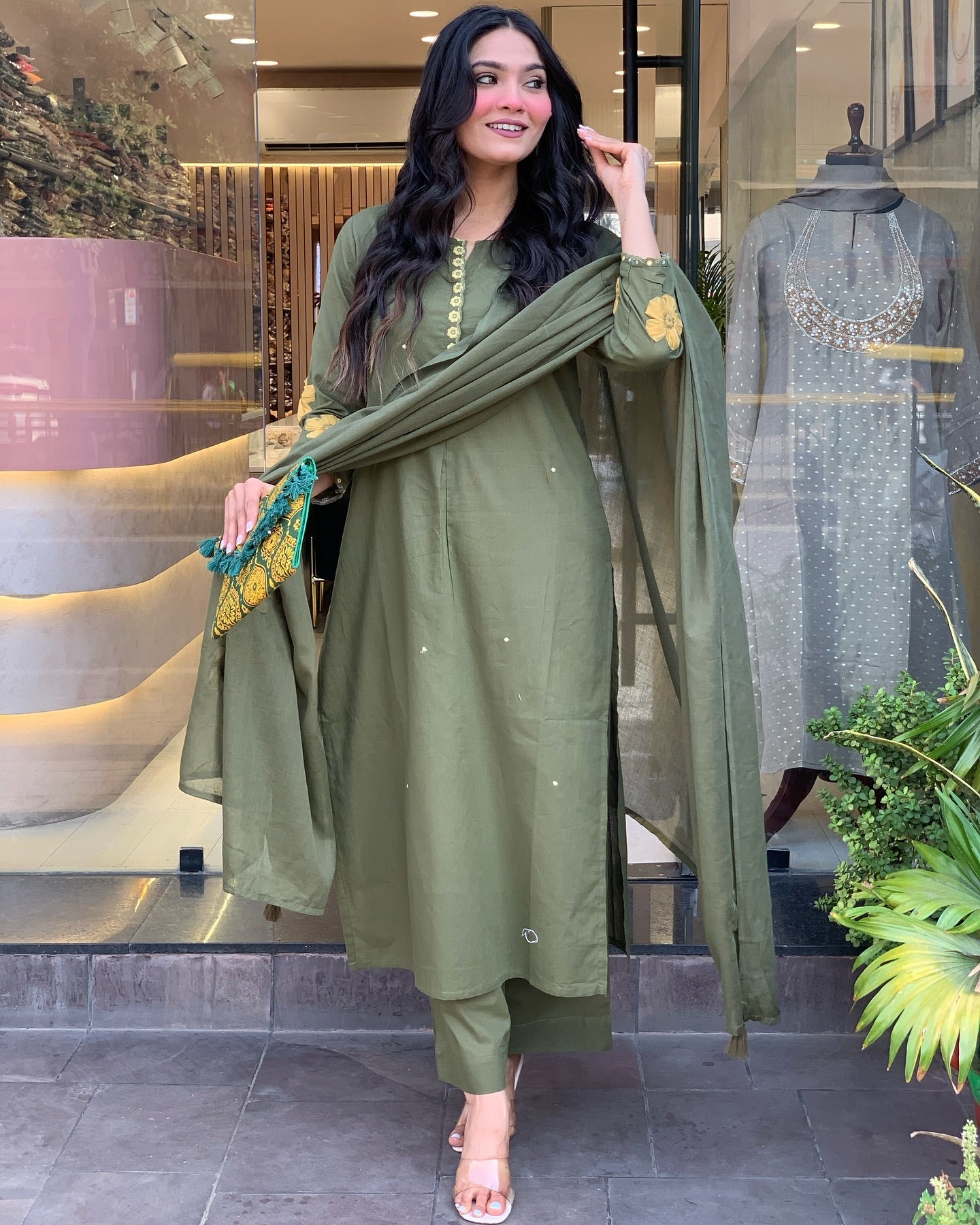 Olive Green Kurta Set for Women with Pant and Dupatta