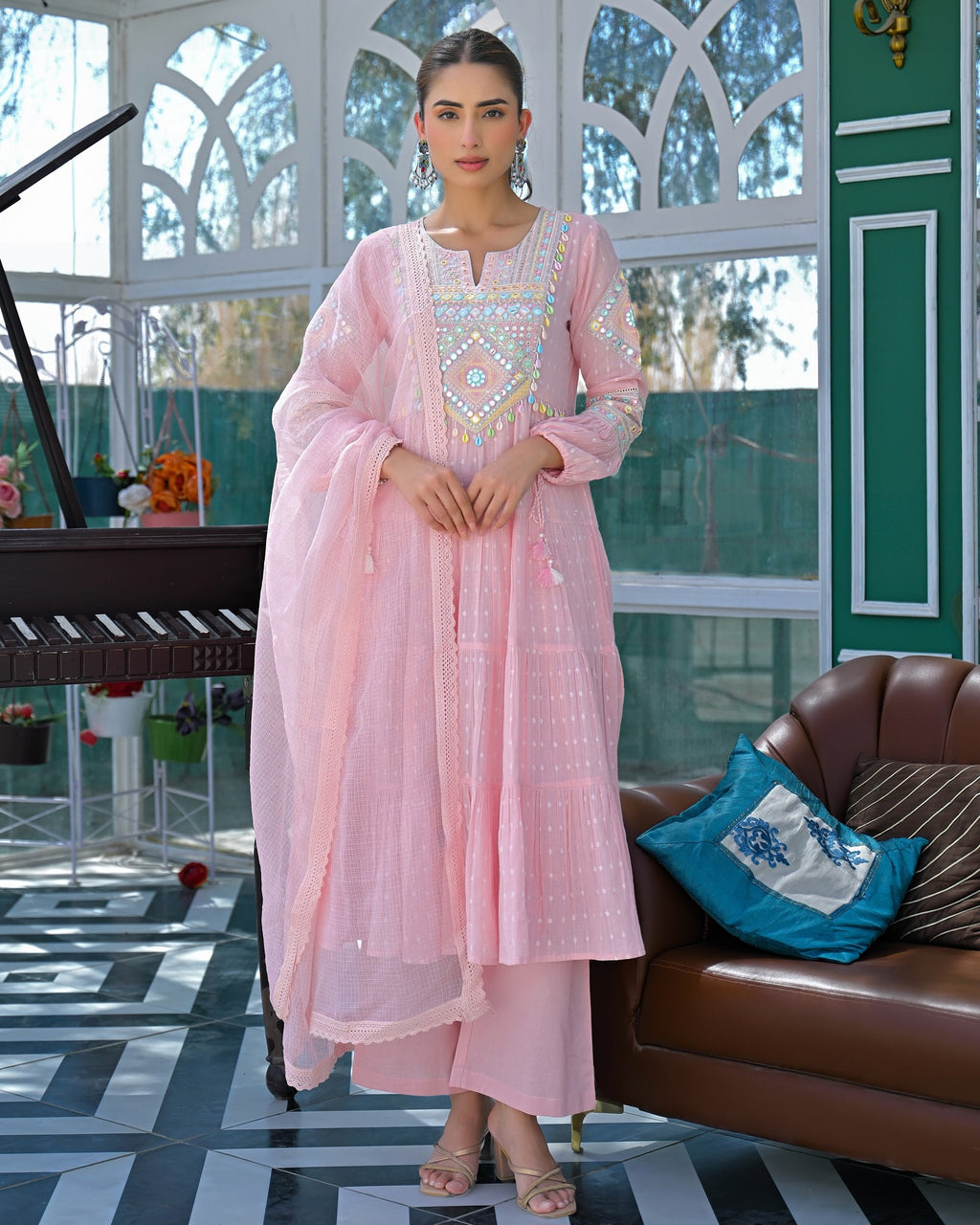 Blush Pink Embroidered Straight Kurta Set with Matching Pants and Dupatta