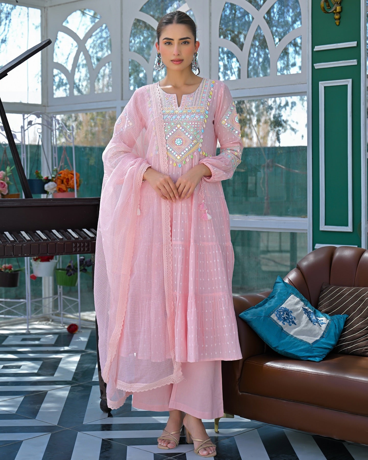 Blush Pink Embroidered Straight Kurta Set with Matching Pants and Dupatta