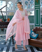 Blush Pink Embroidered Straight Kurta Set with Matching Pants and Dupatta