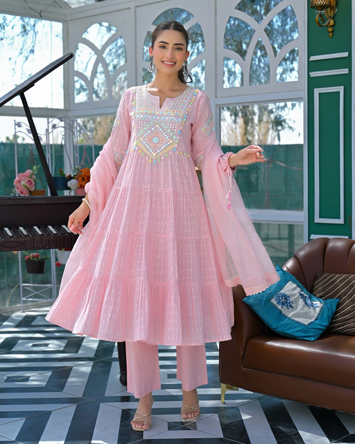 Blush Pink Embroidered Straight Kurta Set with Matching Pants and Dupatta