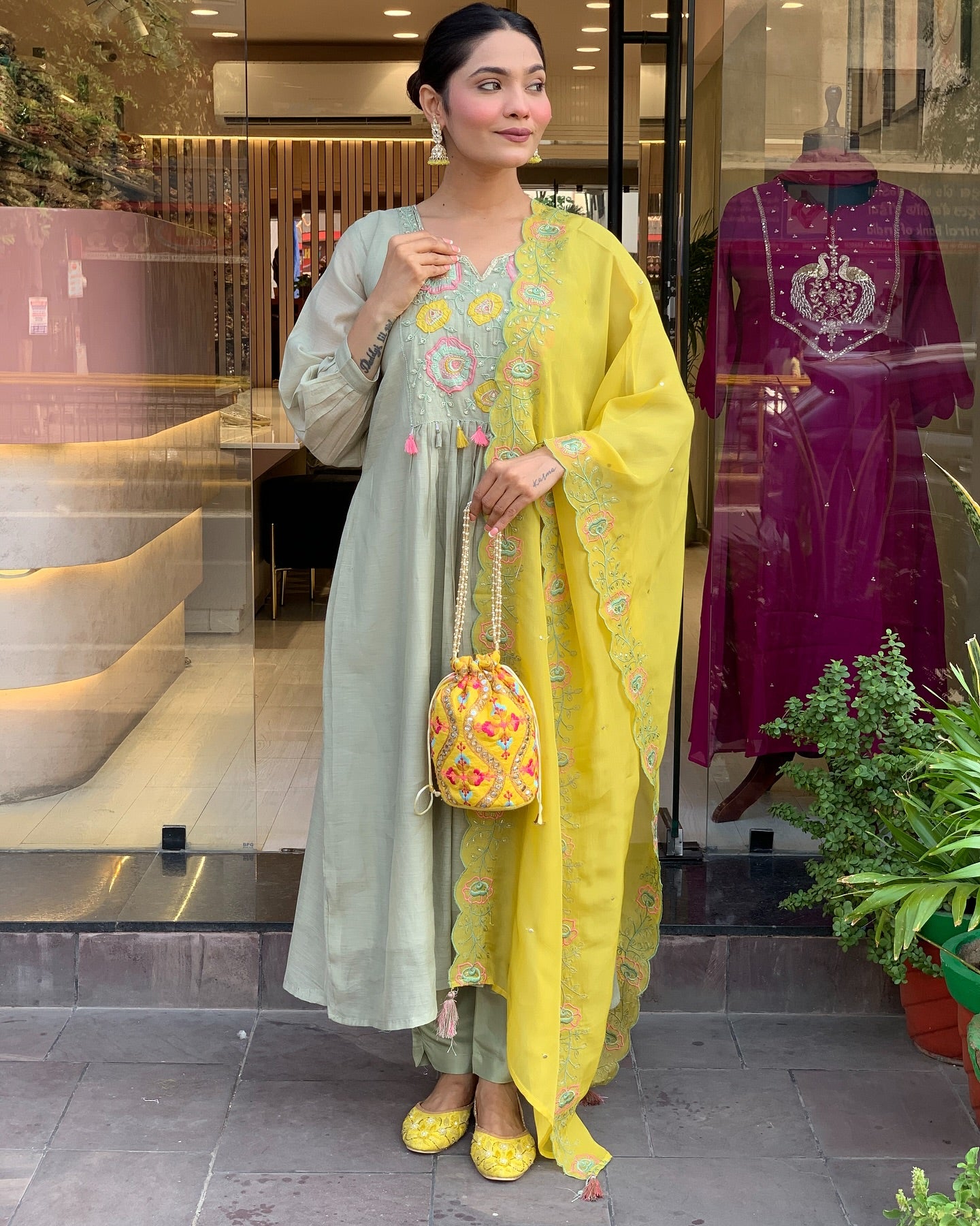 Sage Green and Mustard Yellow Embroidered Anarkali Kurta Set with Dupatta