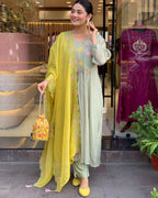 Sage Green and Mustard Yellow Embroidered Anarkali Kurta Set with Dupatta