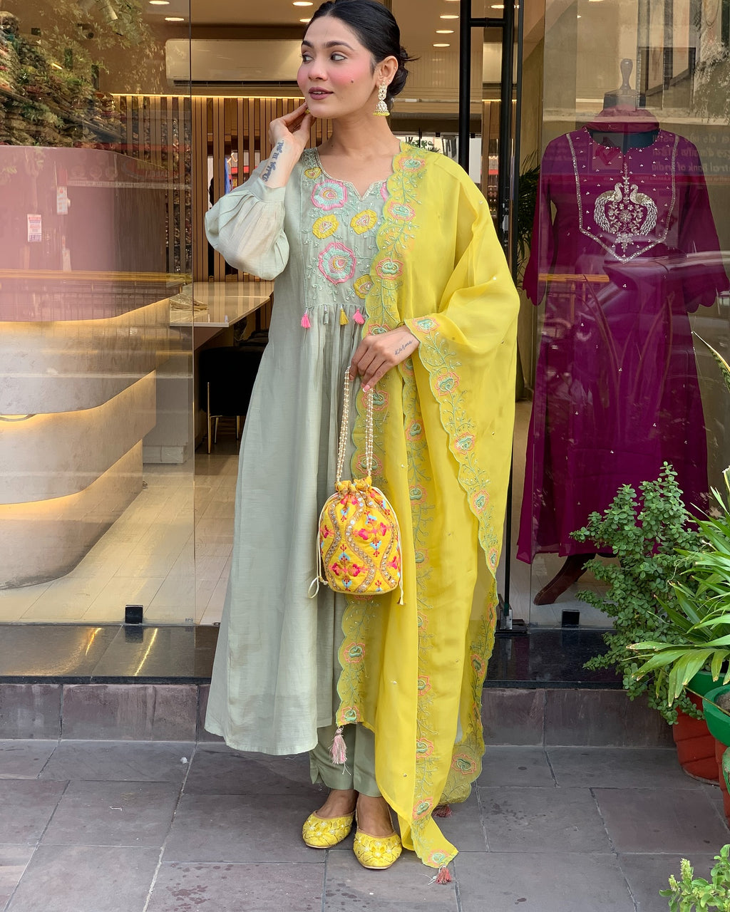Sage Green and Mustard Yellow Embroidered Anarkali Kurta Set with Dupatta
