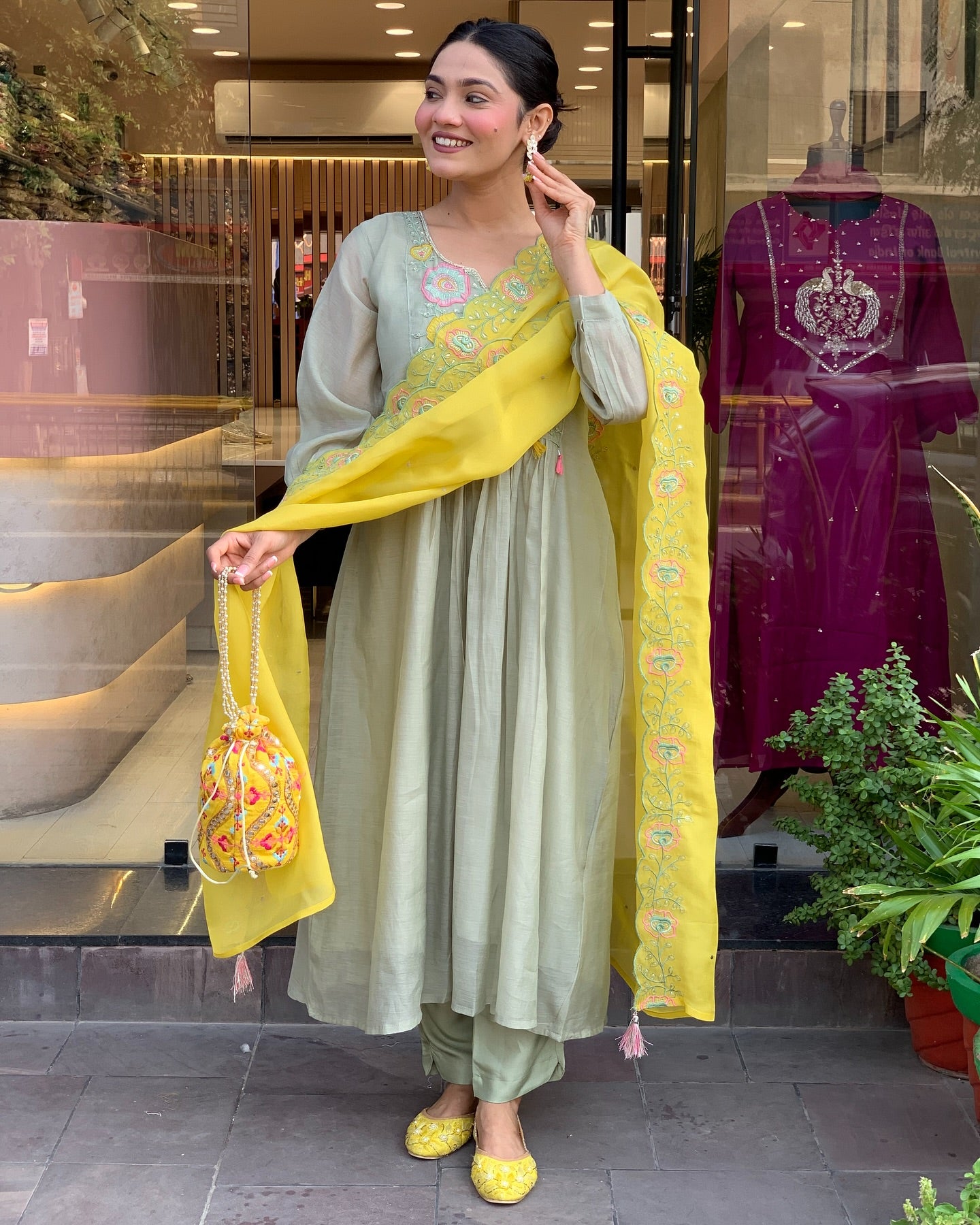 Sage Green and Mustard Yellow Embroidered Anarkali Kurta Set with Dupatta