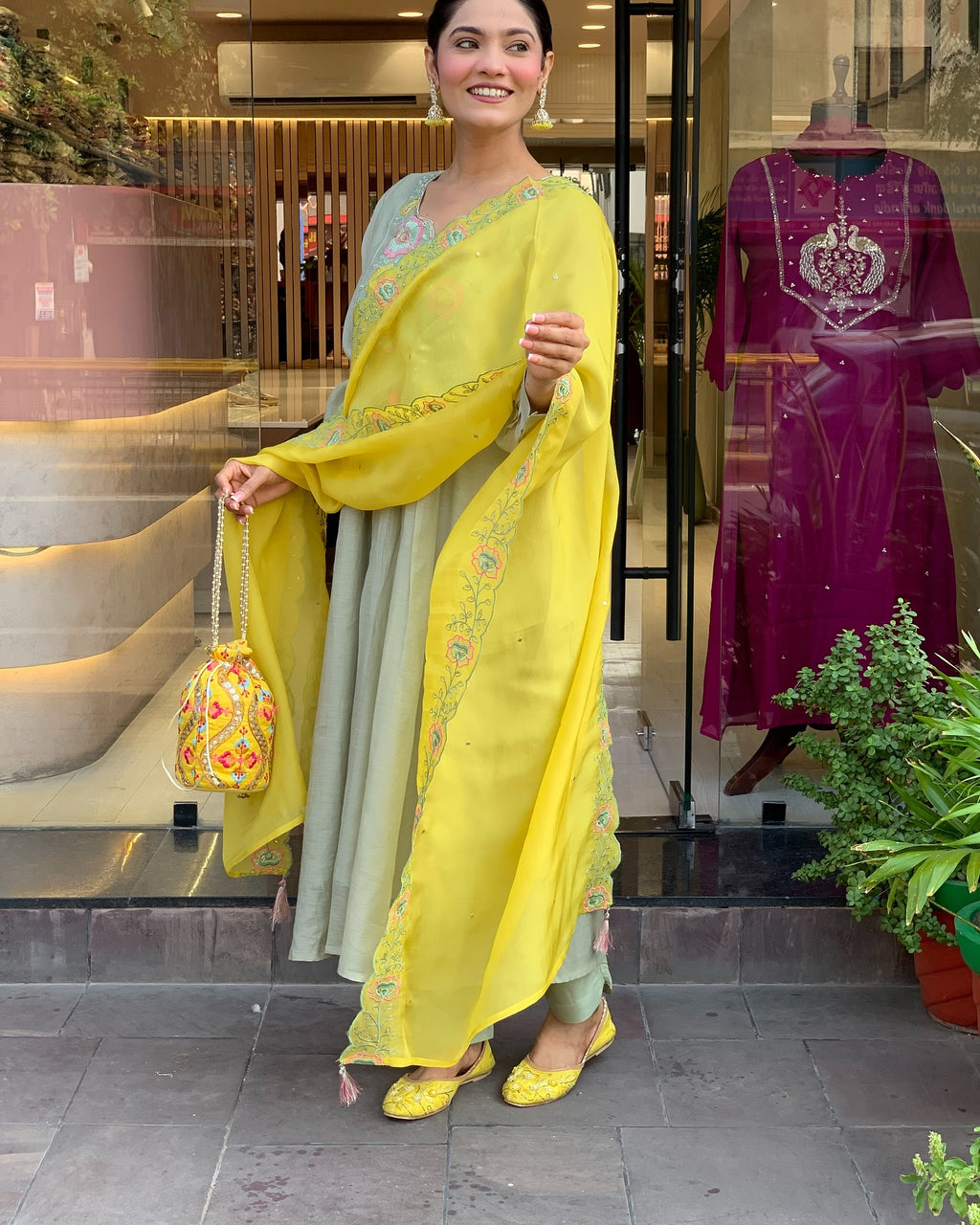 Sage Green and Mustard Yellow Embroidered Anarkali Kurta Set with Dupatta