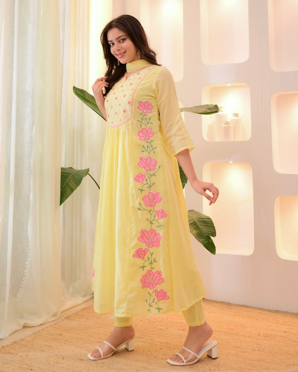 Floral Embroidered Anarkali Kurta Set with Straight Pants
