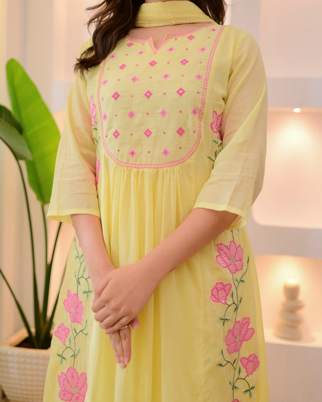 Floral Embroidered Anarkali Kurta Set with Straight Pants