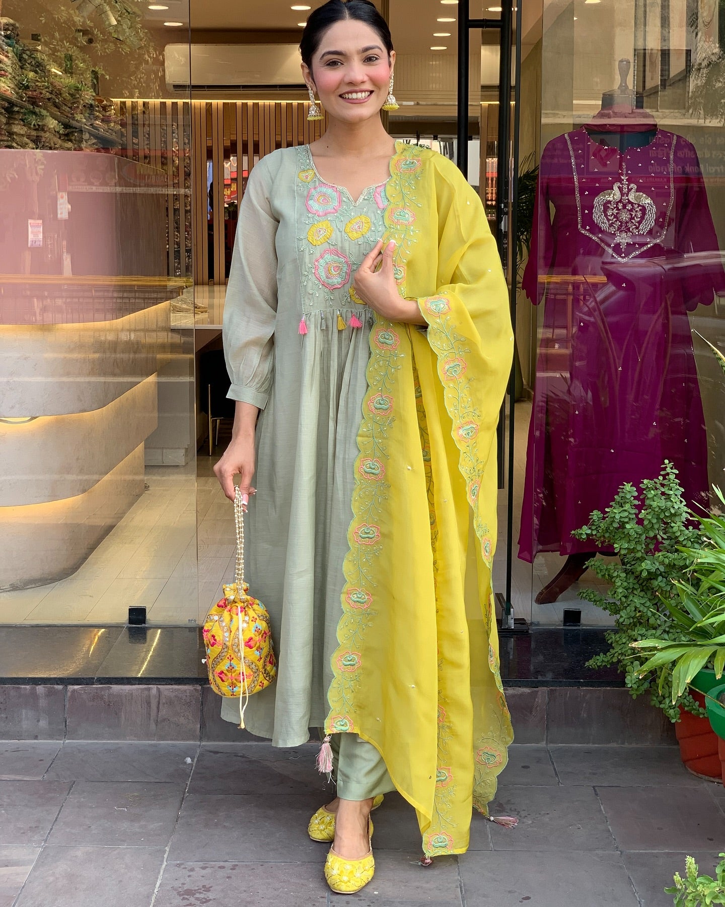 Sage Green and Mustard Yellow Embroidered Anarkali Kurta Set with Dupatta
